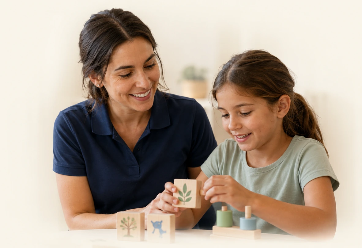 A therapist supporting a child during an activity at home
