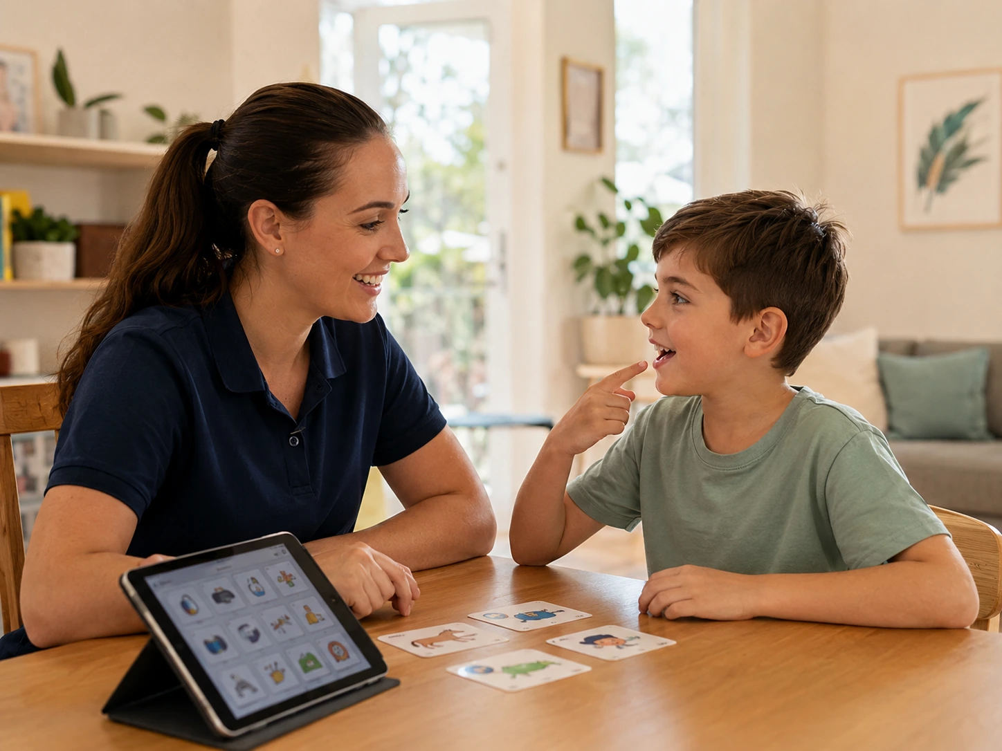 A speech pathologist supporting a child with communication activities at home